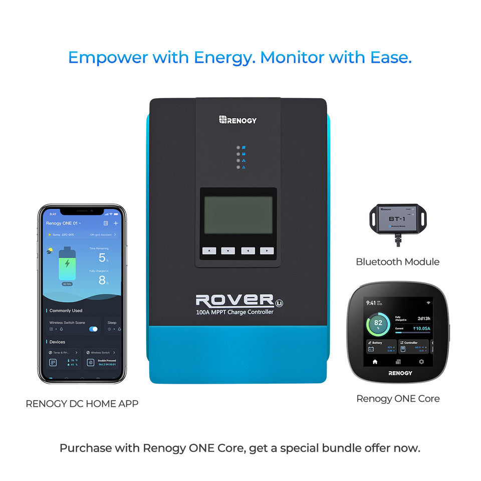 Renogy Rover 100 Amp MPPT Solar Charge Controller & BT-1 & Renogy ONE Core