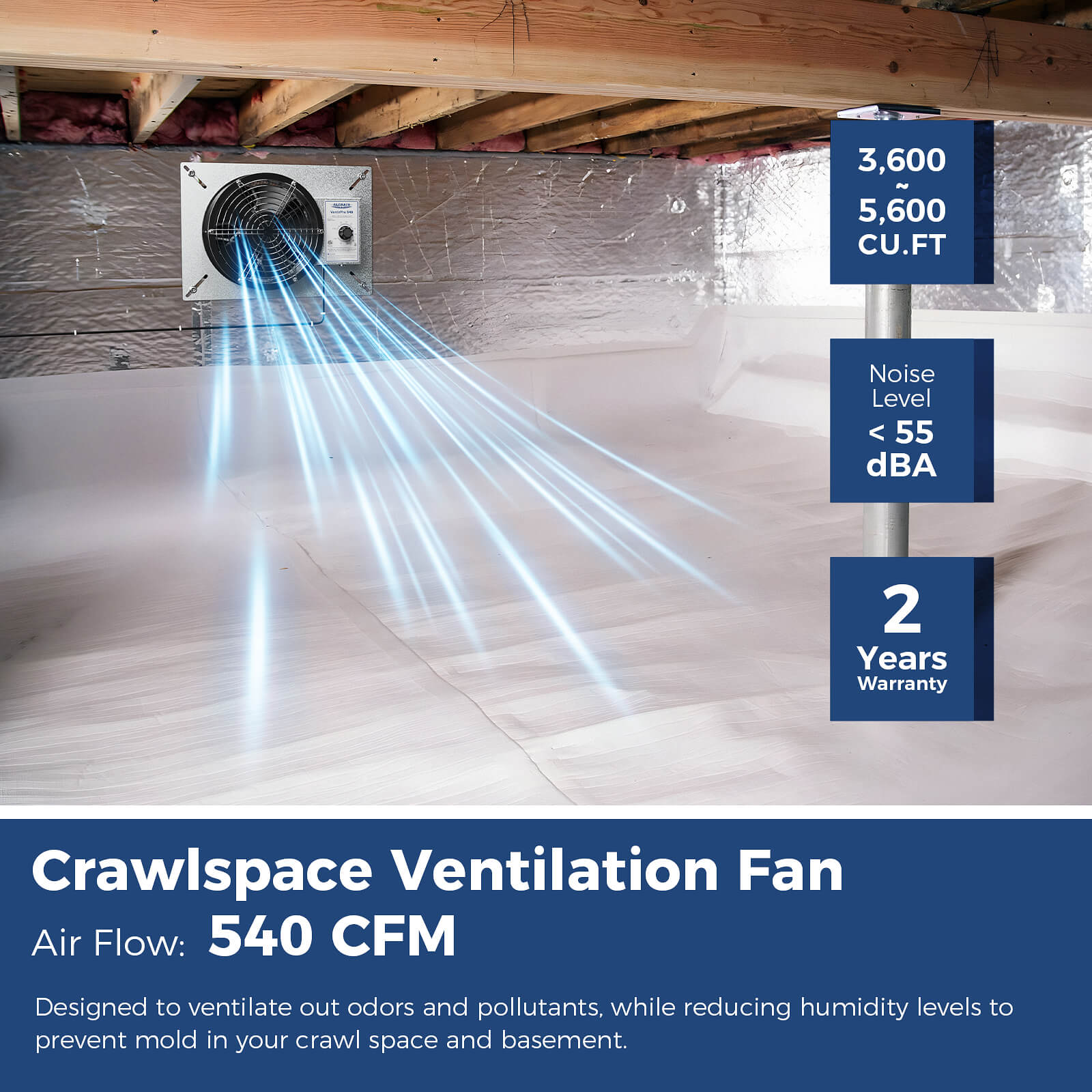 AlorAir IP55 Grade High Flow Crawl Space Ventilator Fan Ventipro 540