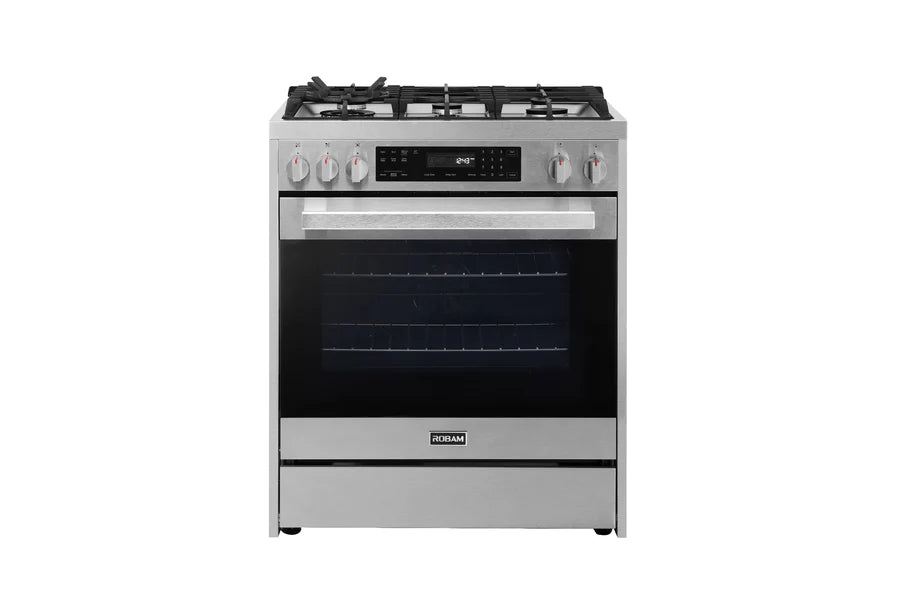 ROBAM 30-Inch 5 Cu. Ft. Oven Freestanding Dual Fuel Range, 5 Sealed Brass Burners in Stainless Steel (7MG10)