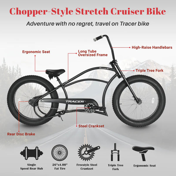 Tracer 26" Harman 1-Speed Classic Chopper Stretch Cruiser Fat Tire Bike MB-HARMAN-GT-BK/PLS
