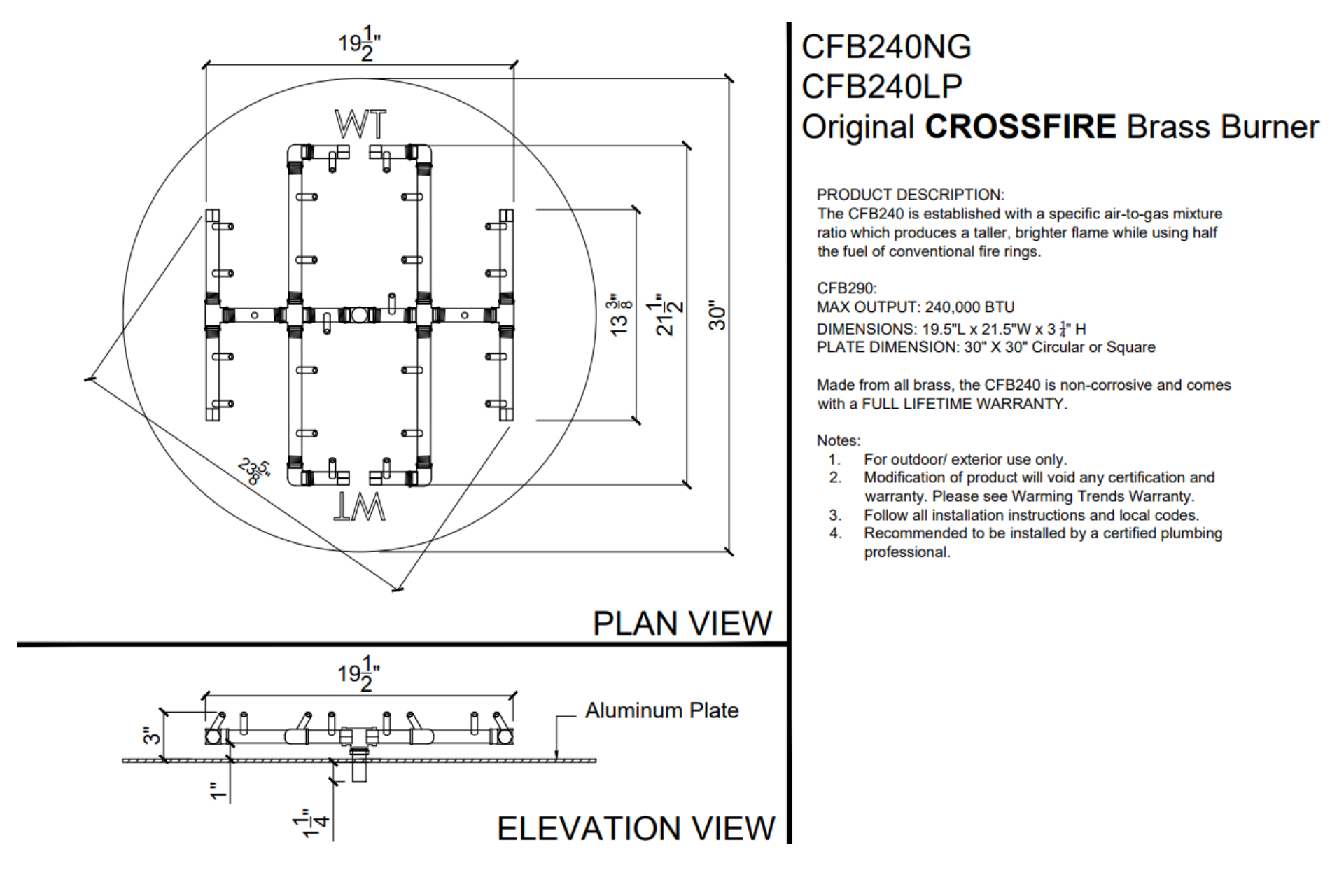 Warming Trends 240K BTU Crossfire Burner CFB240-NG
