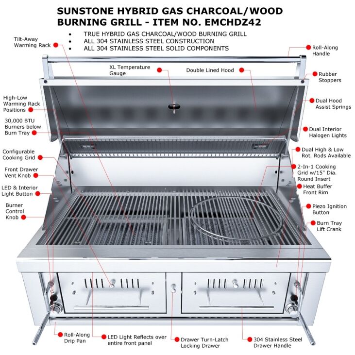 Sunstone® Series 42″ Gas Hybrid Dual Zone Charcoal/Wood Burning Grill – EMCHDZ42