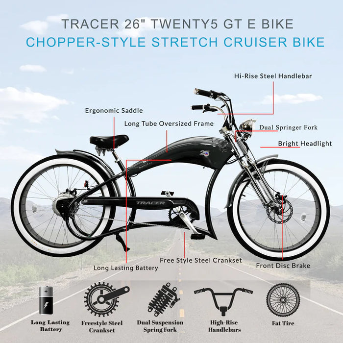 Tracer 500W 26" Twenty5 DS Cruiser Electric Bike MB-EB-TWENTY5-DS-BL