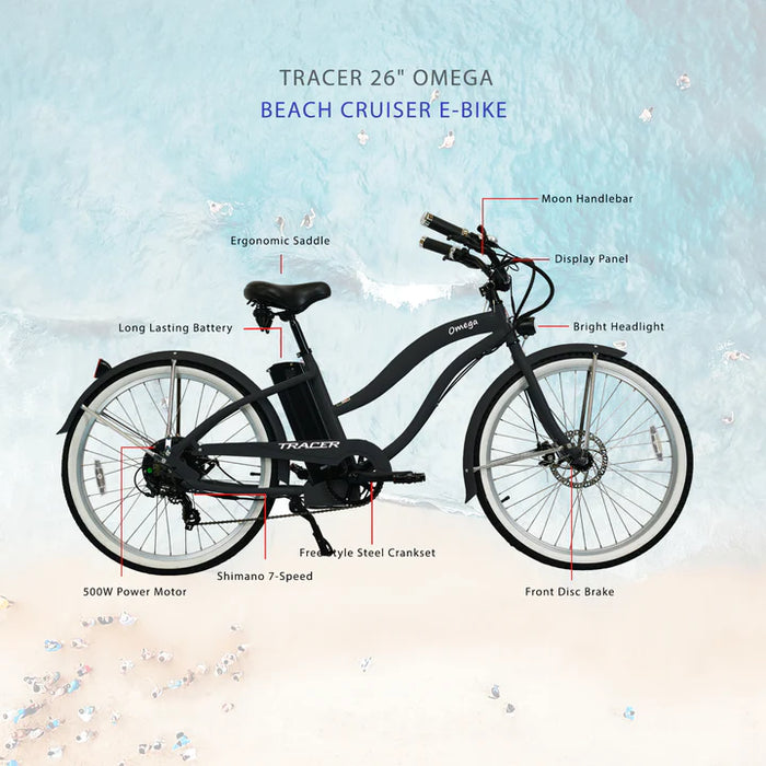 Tracer 500W 26" Omega Women's Beach Cruiser Electric Bike MB-EB-OMEGA-F-BK/ BK