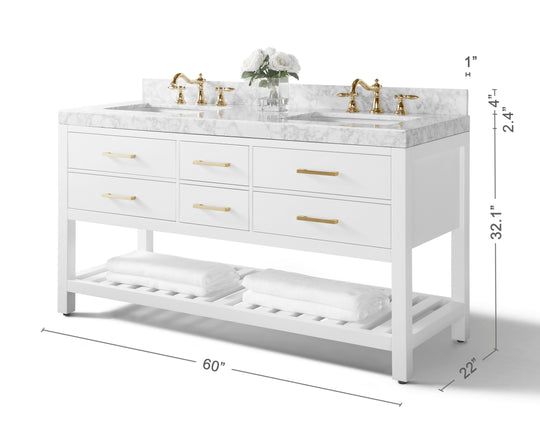 Ancerre Designs Elizabeth Bathroom Vanity With Sink And Carrara White Marble Top Cabinet Set