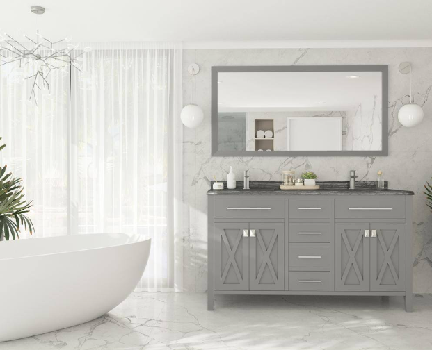 Laviva Wimbledon 60 in. W x 22 in. D x 34.5 in. H Bathroom Vanity in Grey with Black Wood Marble Top