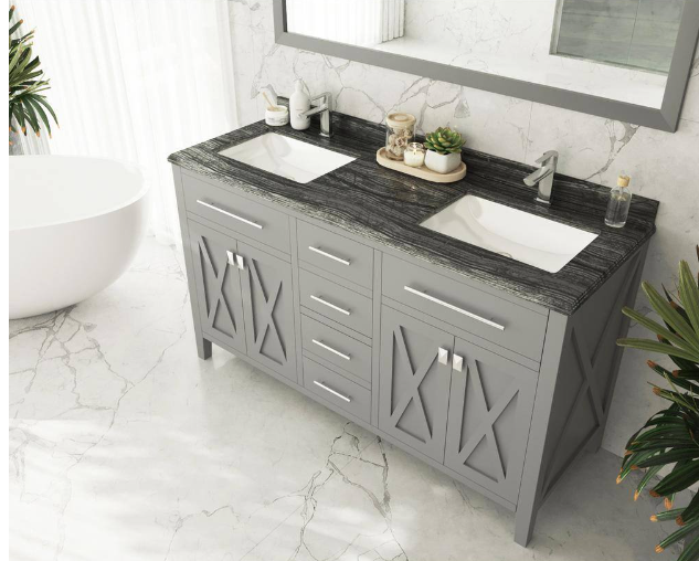 Laviva Wimbledon 60 in. W x 22 in. D x 34.5 in. H Bathroom Vanity in Grey with Black Wood Marble Top