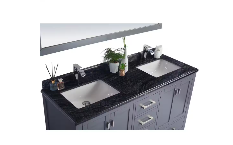 Laviva 60 in. W x 22 in. D Marble Vanity Top in Black Wood with White Rectangular Double Sink