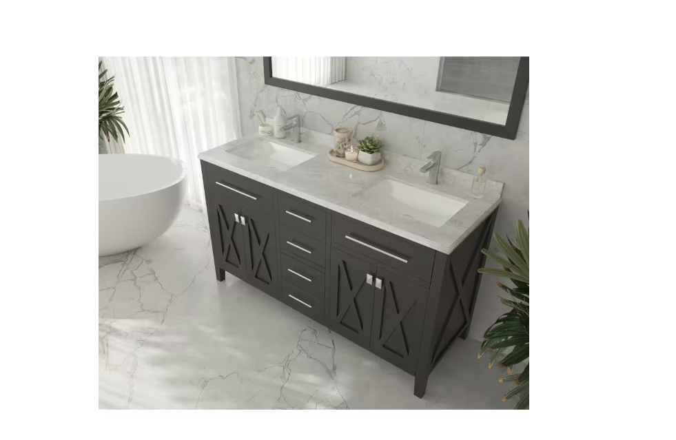 Laviva 60 in. W x 22 in. D Carrara Marble Vanity Top in White with White Rectangular Double Sink