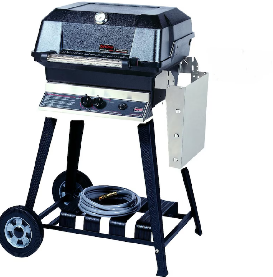 MHP JNR4DD Natural Gas Grill With Stainless Steel Shelves And Stainless Grids On In-Ground Post
