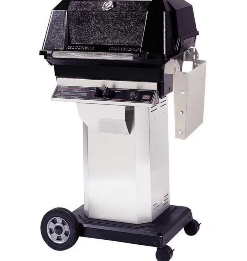 MHP JNR4DD Natural Gas Grill With Stainless Steel Shelves And Stainless Grids On In-Ground Post