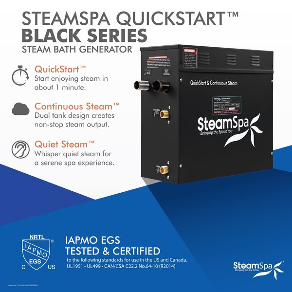 SteamSpa Wifi and Bluetooth 15kW Steam Bath Generator in Matte Black BKT1500MK-A
