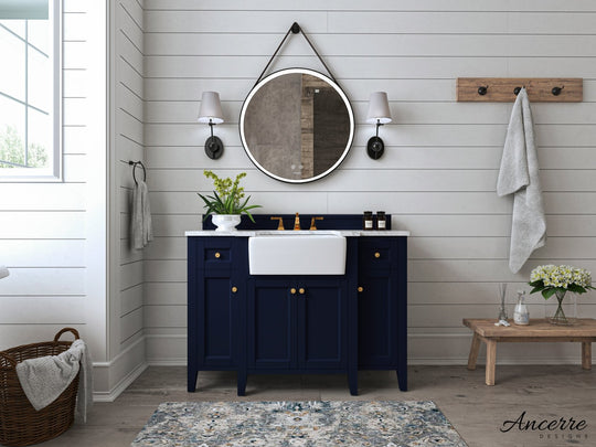 Ancerre Designs Adeline Bathroom Vanity With Farmhouse Sink And Carrara White Marble Top Cabinet Set