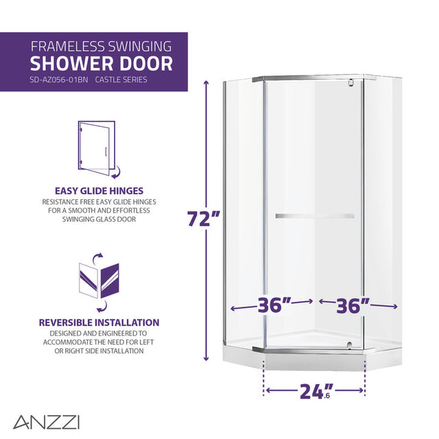 ANZZI Castle Series 49 in. x 72 in. Semi-Frameless Shower Door with TSUNAMI GUARD SD-AZ056-01BN