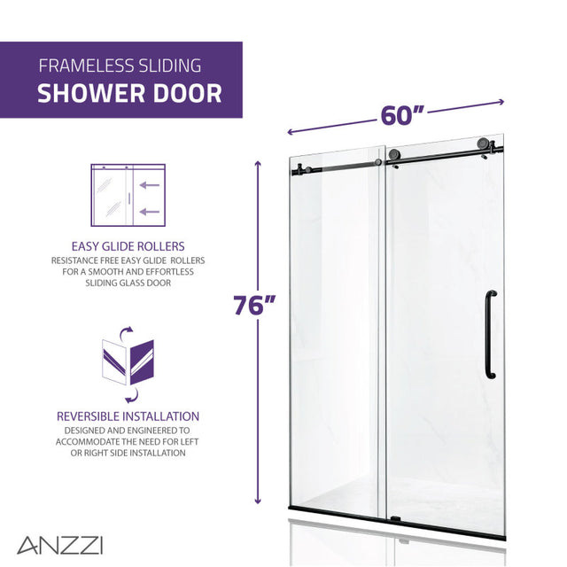 ANZZI Lone Series 60 in. by 76 in. Frameless Sliding Shower Door in Brushed Nickel with Handle SDR-AZ8077-02BN