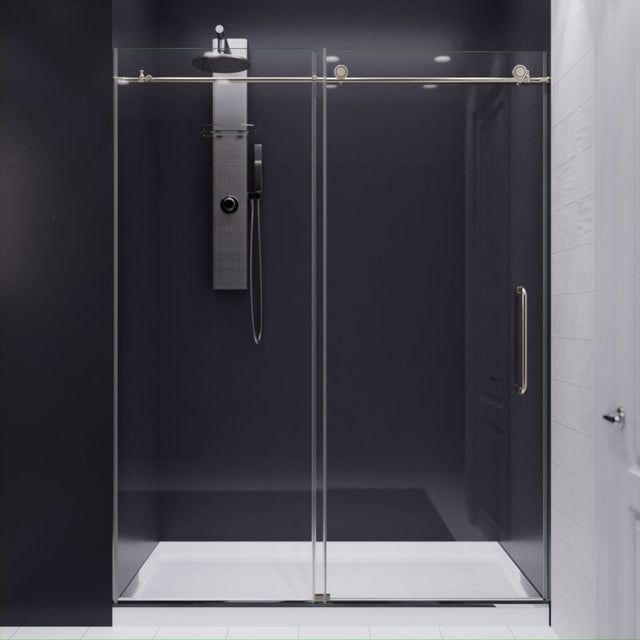 ANZZI Lone Series 60 in. by 76 in. Frameless Sliding Shower Door in Brushed Nickel with Handle SDR-AZ8077-02BN