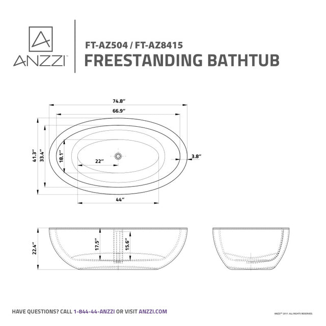 ANZZI Lusso 6.3 ft. Solid Surface Center Drain Freestanding Bathtub FT-AZ504