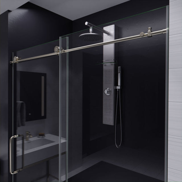 ANZZI Lone Series 60 in. by 76 in. Frameless Sliding Shower Door in Brushed Nickel with Handle SDR-AZ8077-02BN
