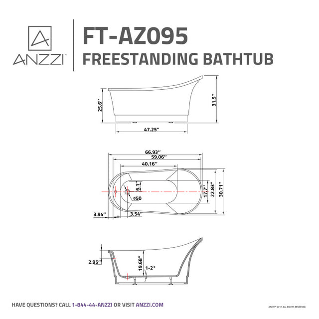 ANZZI Prima 67 in. Acrylic Flatbottom Non-Whirlpool Bathtub FT-AZ095