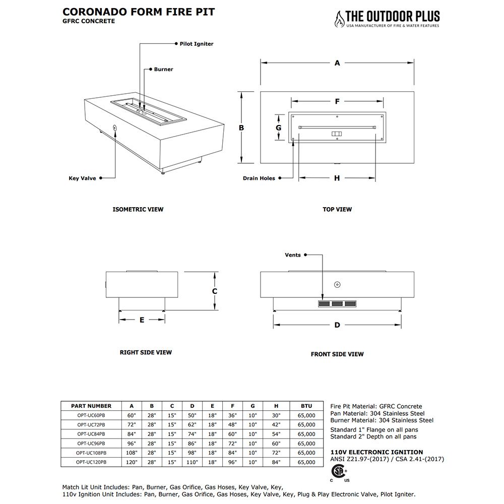 The Outdoor Plus OPT-UC72PB Ready-to-Finish Coronado Rectangle Fire Pit Kit, 72x28-Inch