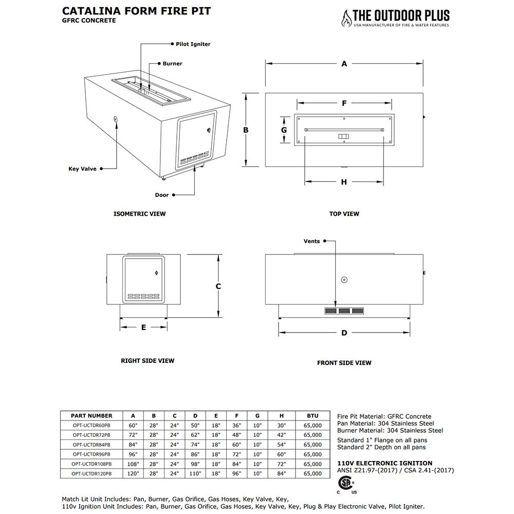 The Outdoor Plus OPT-UCTDR84PB Ready-to-Finish Catalina Rectangle Fire Pit Kit, 84x36-Inch