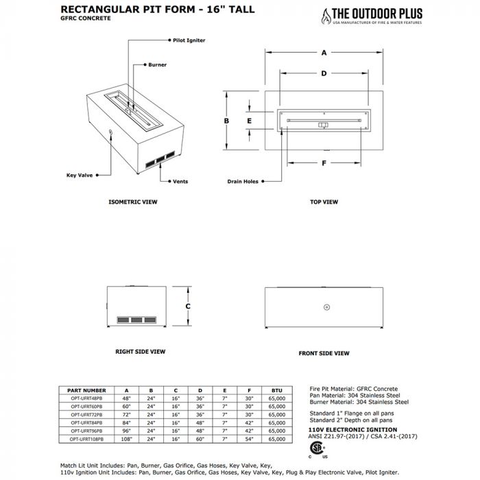 The Outdoor Plus OPT-UFRT84 Ready-to-Finish Rectangle Fire Pit Kit, 84x24-Inch