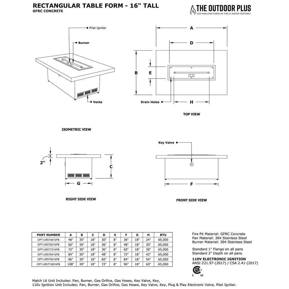 The Outdoor Plus OPT-URST9616 Ready-to-Finish Rectangle Fire Pit Table Kit, 96x36-Inch