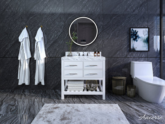 Ancerre Designs Elizabeth Bathroom Vanity With Sink And Carrara White Marble Top Cabinet Set