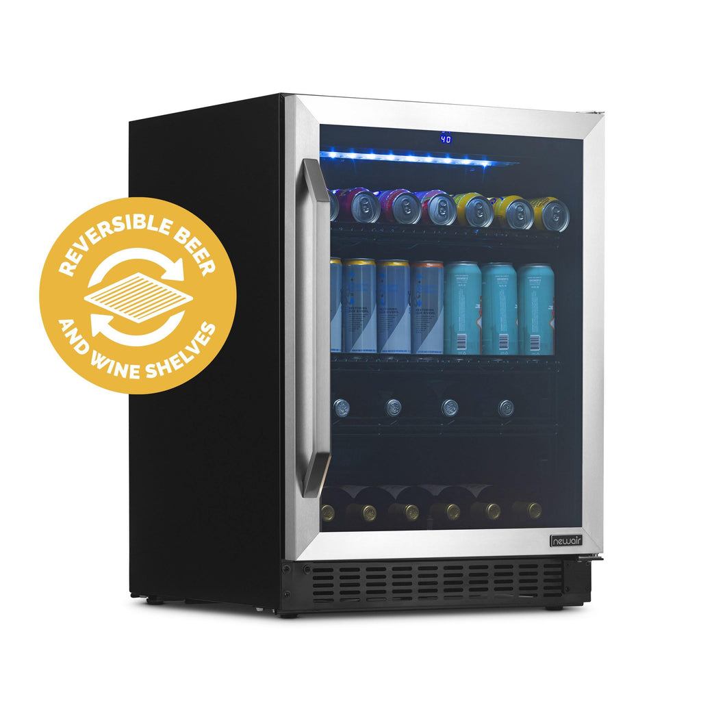 Newair FlipShelf™ 24" 162 Can or 54 Bottle, Built-in or Freestanding Wine and Beverage Fridge with Reversible Shelves