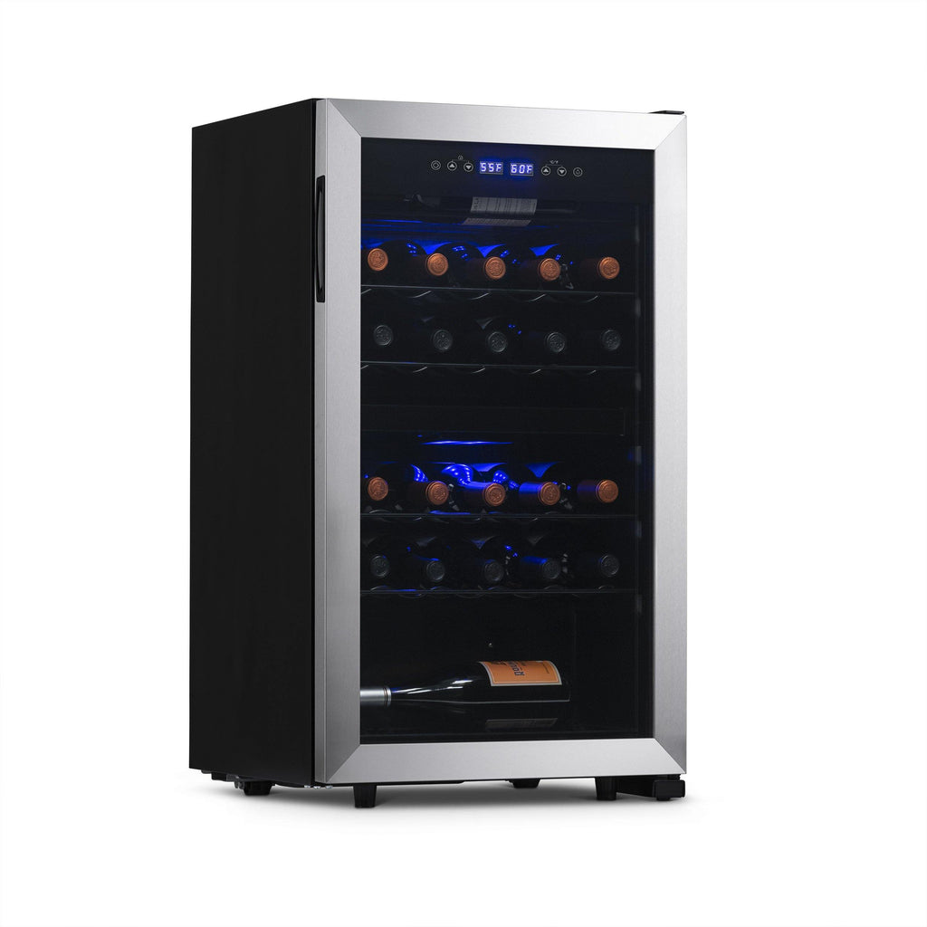 Newair Freestanding 28 Bottle Dual Zone Wine Fridge in Stainless Steel and Adjustable Racks