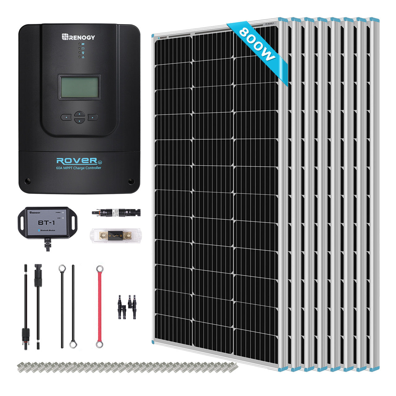 Renogy 800W 12V/24V Monocrystalline Solar Premium Kit w/Rover 60A Charger Controller RKIT800DPM-RVR60-US