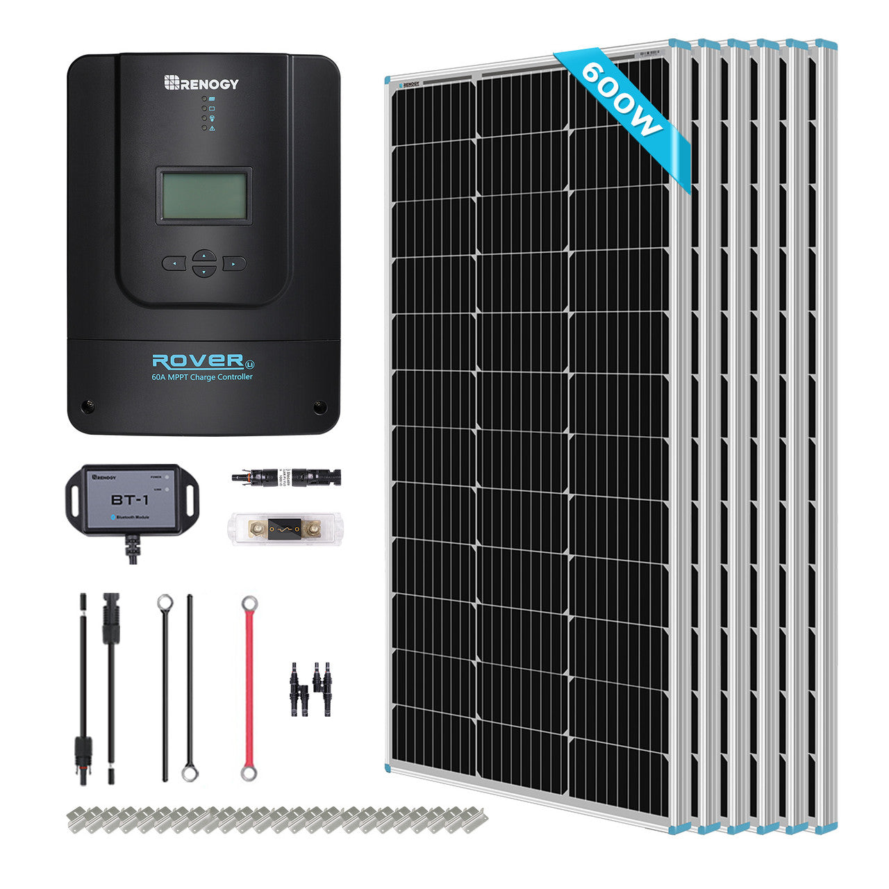 Renogy 600W 12V/24V Monocrystalline Solar Premium Kit w/Rover 60A Charger Controller RKIT600DPM-RVR60-US