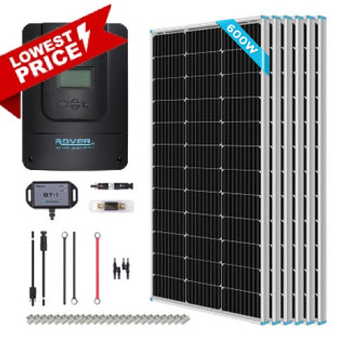 Renogy 600W 12V/24V Monocrystalline Solar Premium Kit w/Rover 60A Charger Controller RKIT600DPM-RVR60-US