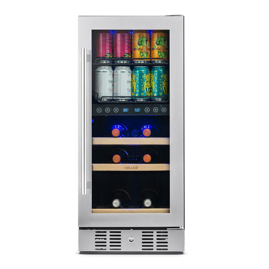 Newair 15” Premium Built-in Dual Zone 9 Bottle and 48 Can Wine and Beverage Fridge in Stainless Steel with SplitShelf™
