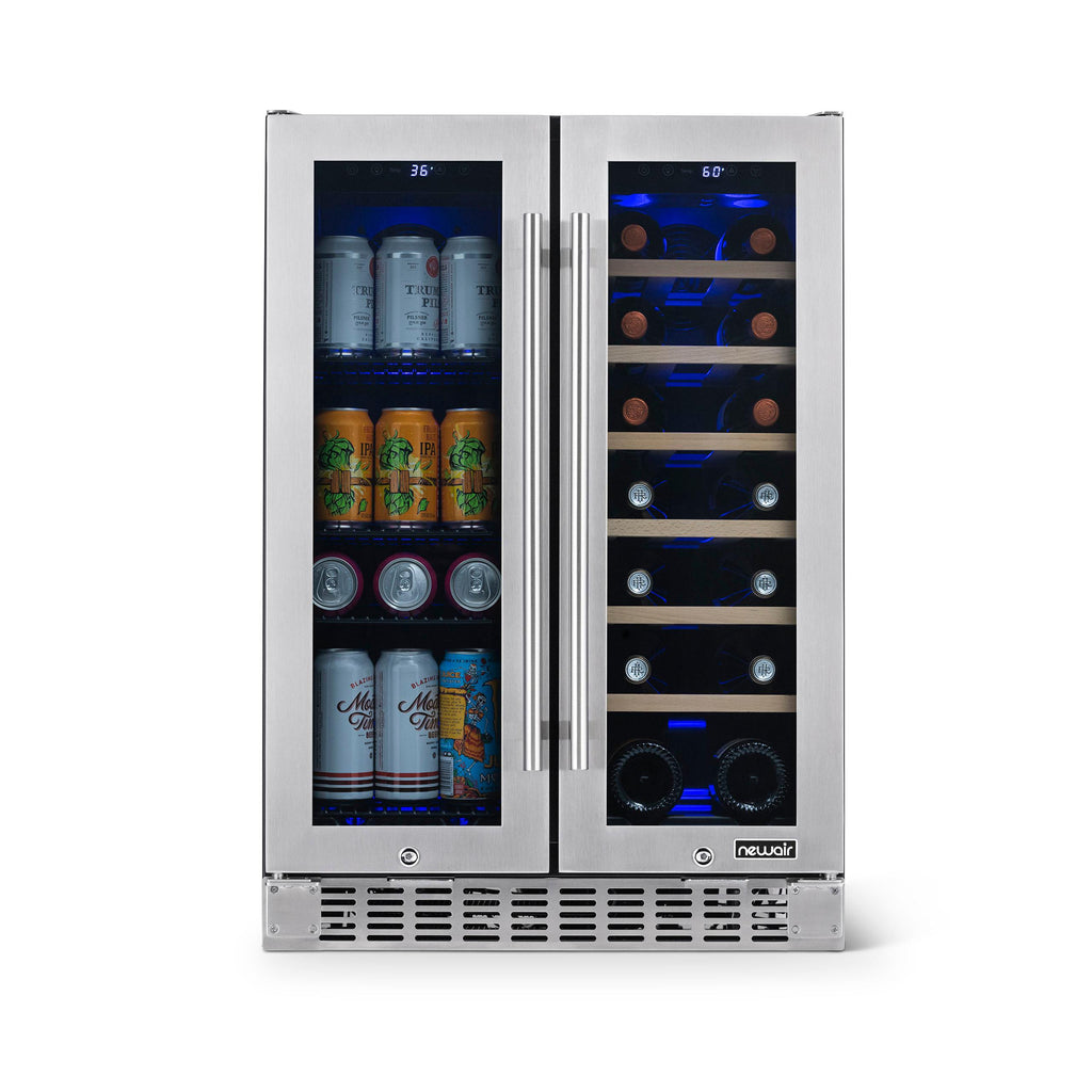 Newair 24” Premium Built-in Dual Zone 20 Bottle and 60 Can French Door Wine and Beverage Fridge in Stainless Steel with SplitShelf™ and Beech Wood Shelves