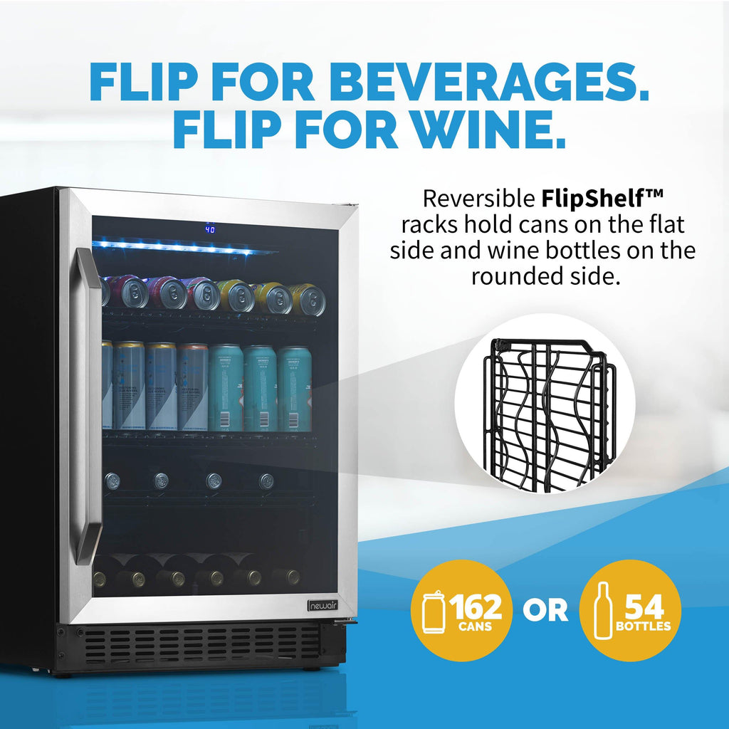 Newair FlipShelf™ 24" 162 Can or 54 Bottle, Built-in or Freestanding Wine and Beverage Fridge with Reversible Shelves