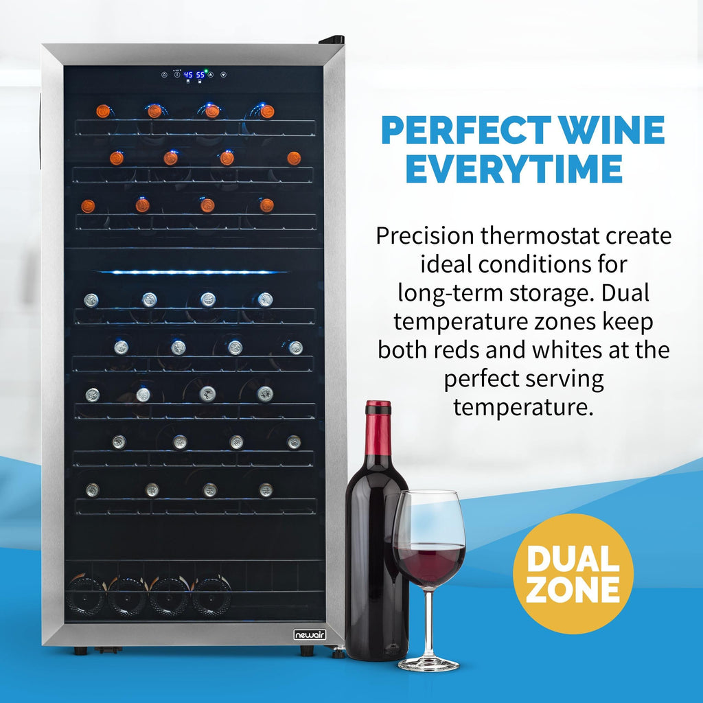 Newair Freestanding 76 Bottle Dual Zone Wine Fridge with Low-Vibration Ultra-Quiet Inverter Compressor and Adjustable Racks