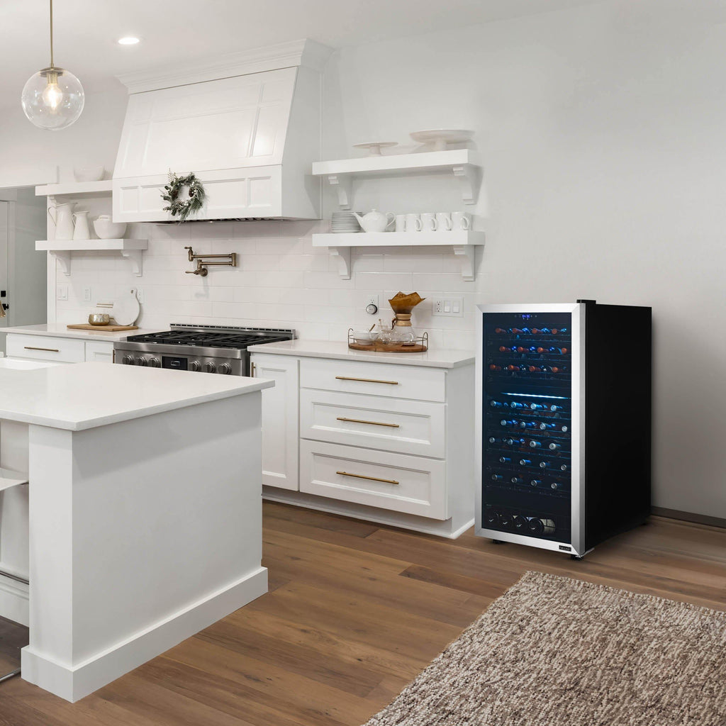 Newair Freestanding 76 Bottle Dual Zone Wine Fridge with Low-Vibration Ultra-Quiet Inverter Compressor and Adjustable Racks