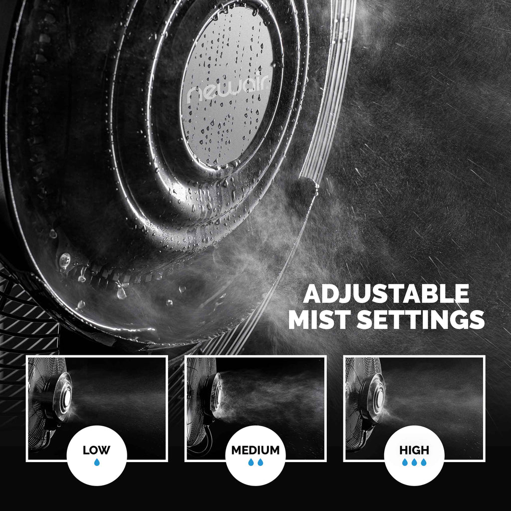 Newair 24” Pedestal Misting Fan with 8700 CFM of Power, Adjustable Mist Settings, Water Tank and 3 Fan Speeds, Perfect for the Patio, Back Yard, or Outdoor Dining Space