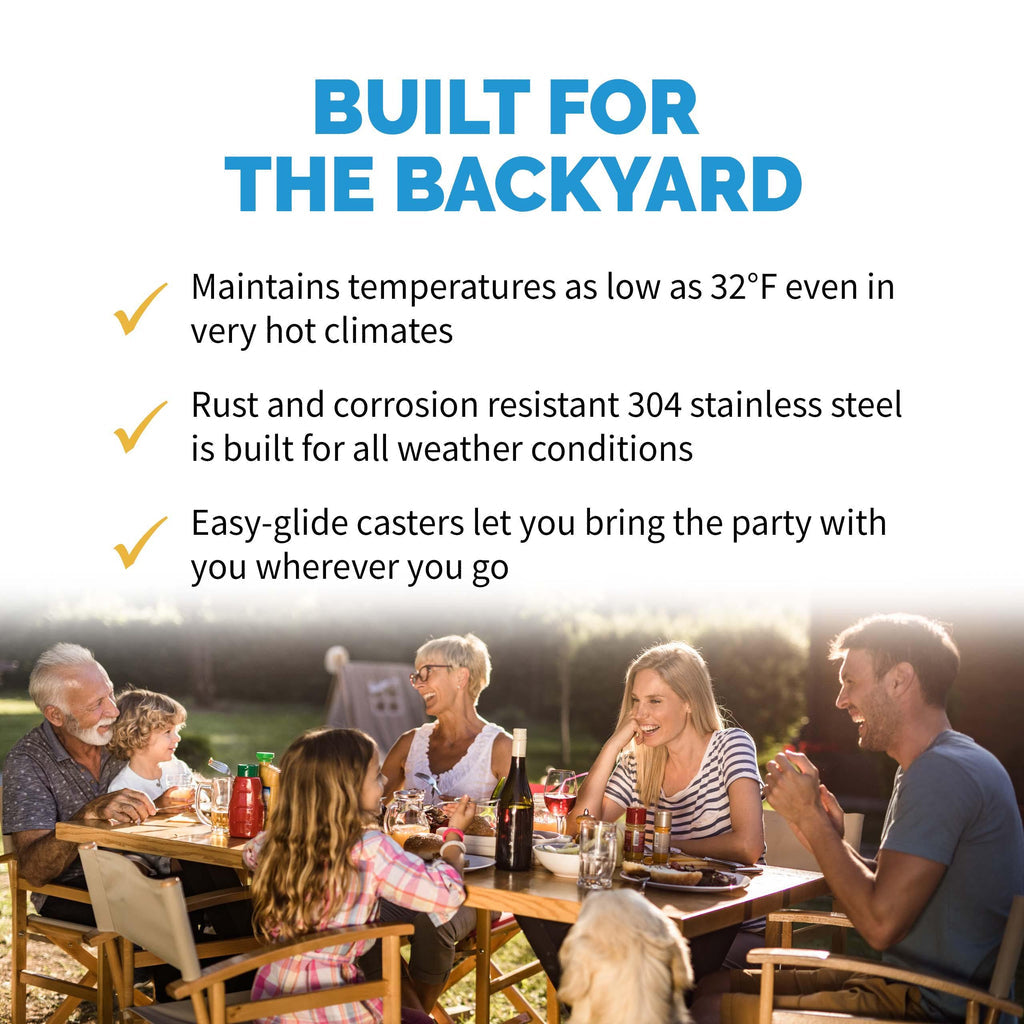 Newair 15” Built-in 90 Can Outdoor Beverage Fridge in Weatherproof Stainless Steel with Auto-Closing Door and Easy Glide Casters