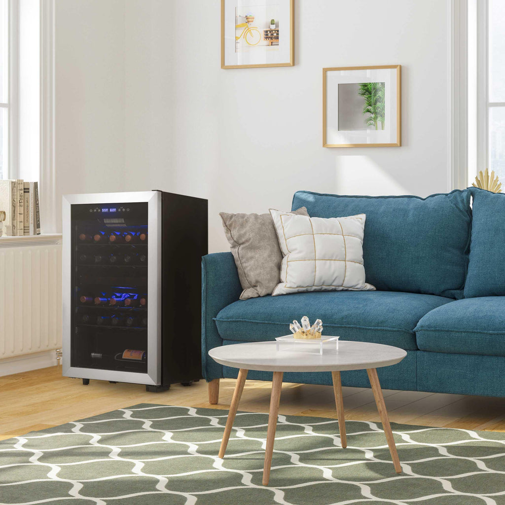 Newair Freestanding 28 Bottle Dual Zone Wine Fridge in Stainless Steel and Adjustable Racks