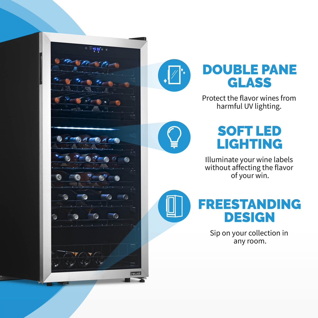 Newair Freestanding 76 Bottle Dual Zone Wine Fridge with Low-Vibration Ultra-Quiet Inverter Compressor and Adjustable Racks