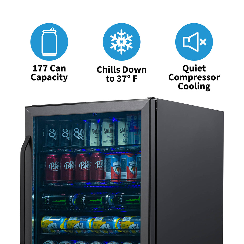 Newair 24” Built-in 177 Can Beverage Fridge in Black Stainless Steel