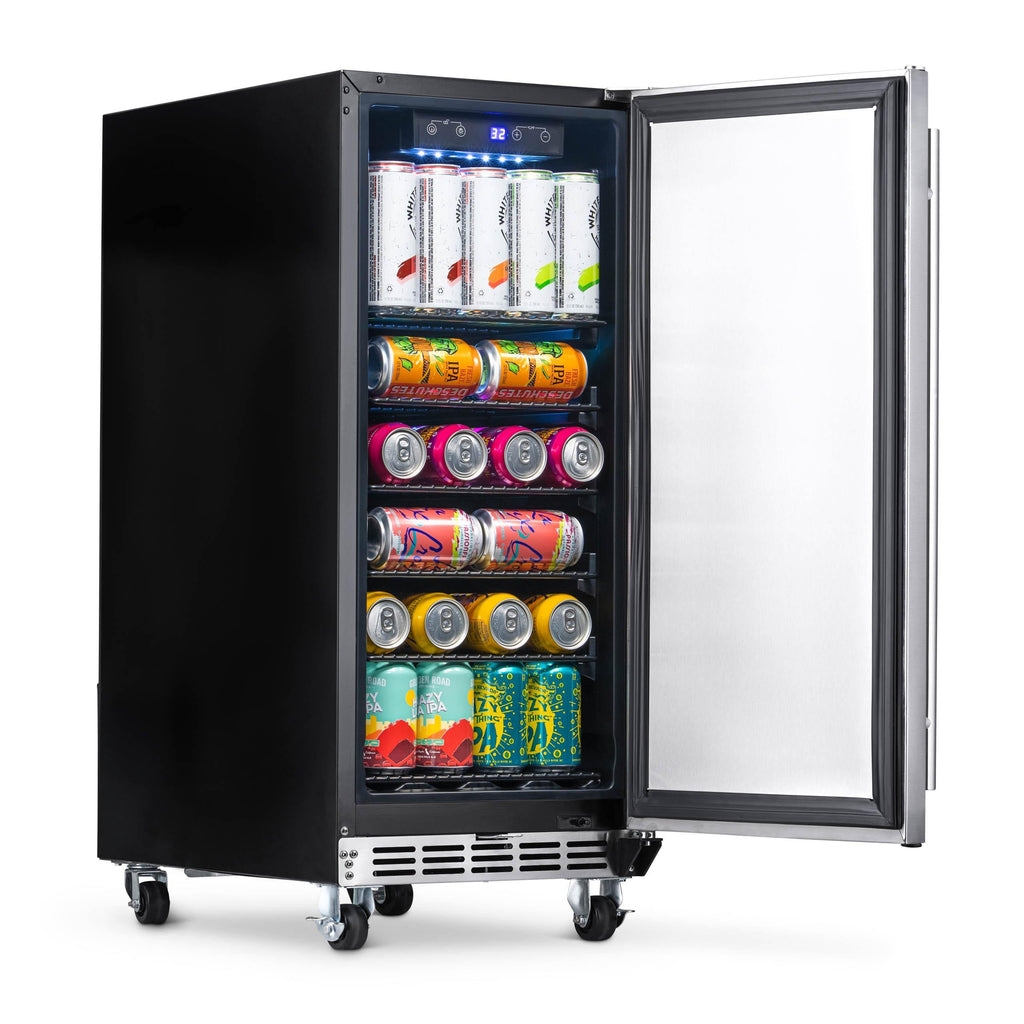 Newair 15” Built-in 90 Can Outdoor Beverage Fridge in Weatherproof Stainless Steel with Auto-Closing Door and Easy Glide Casters