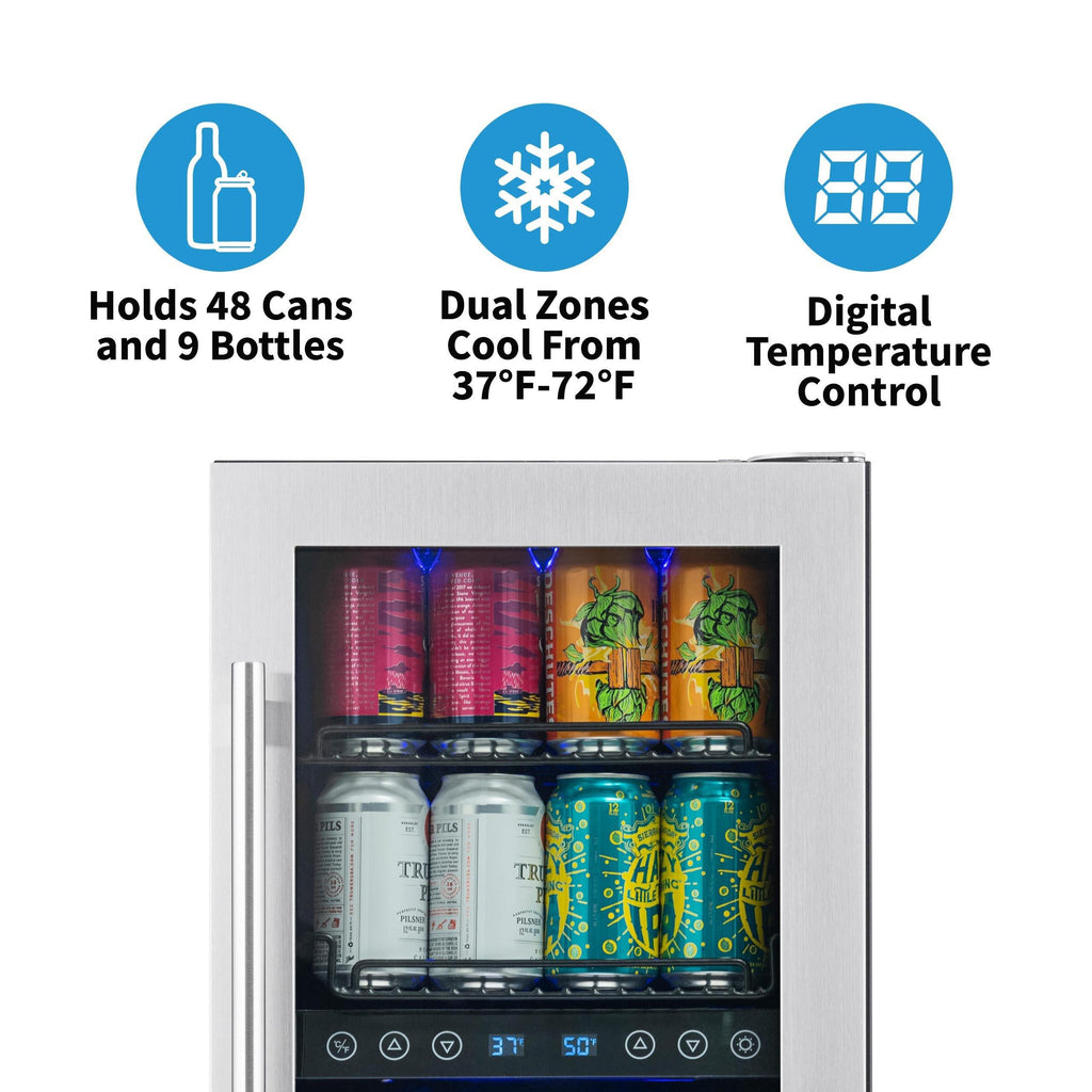 Newair 15” Premium Built-in Dual Zone 9 Bottle and 48 Can Wine and Beverage Fridge in Stainless Steel with SplitShelf™