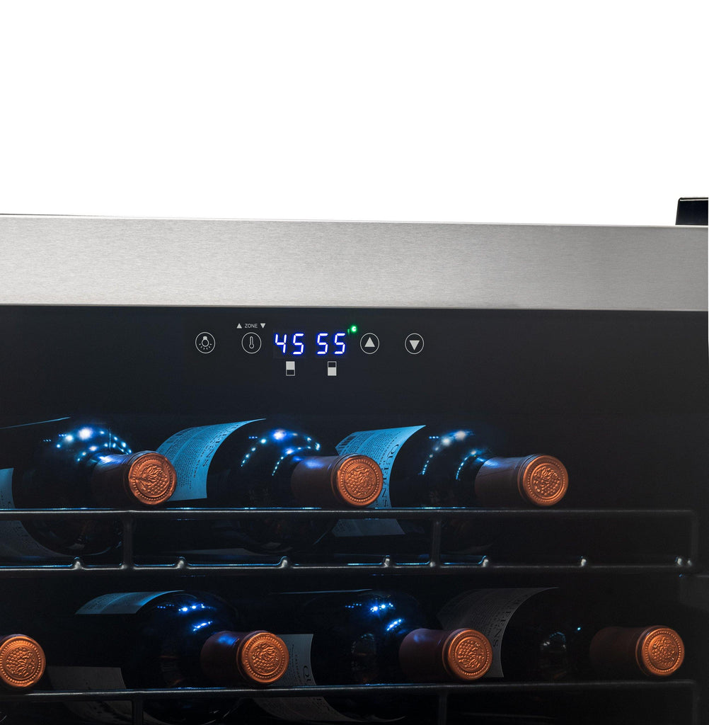 Newair Freestanding 76 Bottle Dual Zone Wine Fridge with Low-Vibration Ultra-Quiet Inverter Compressor and Adjustable Racks