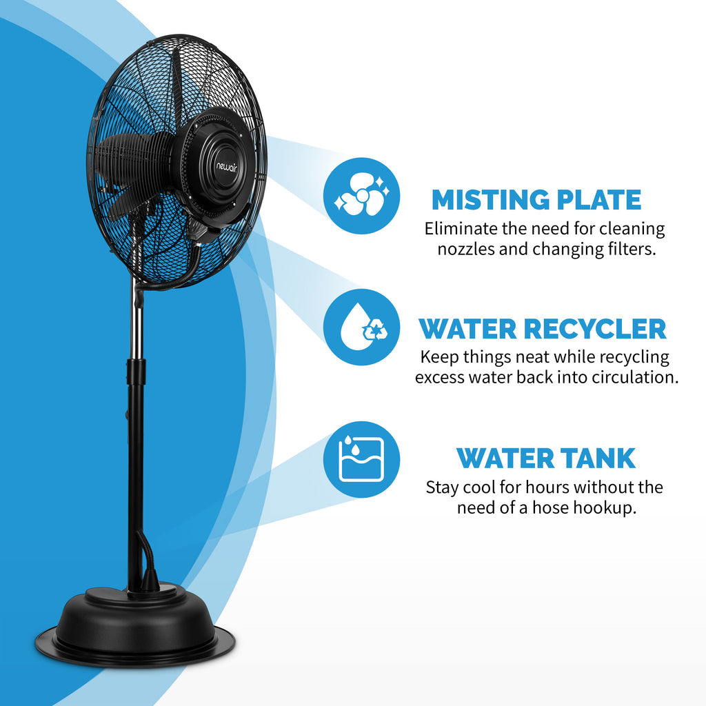 Newair 24” Pedestal Misting Fan with 8700 CFM of Power, Adjustable Mist Settings, Water Tank and 3 Fan Speeds, Perfect for the Patio, Back Yard, or Outdoor Dining Space