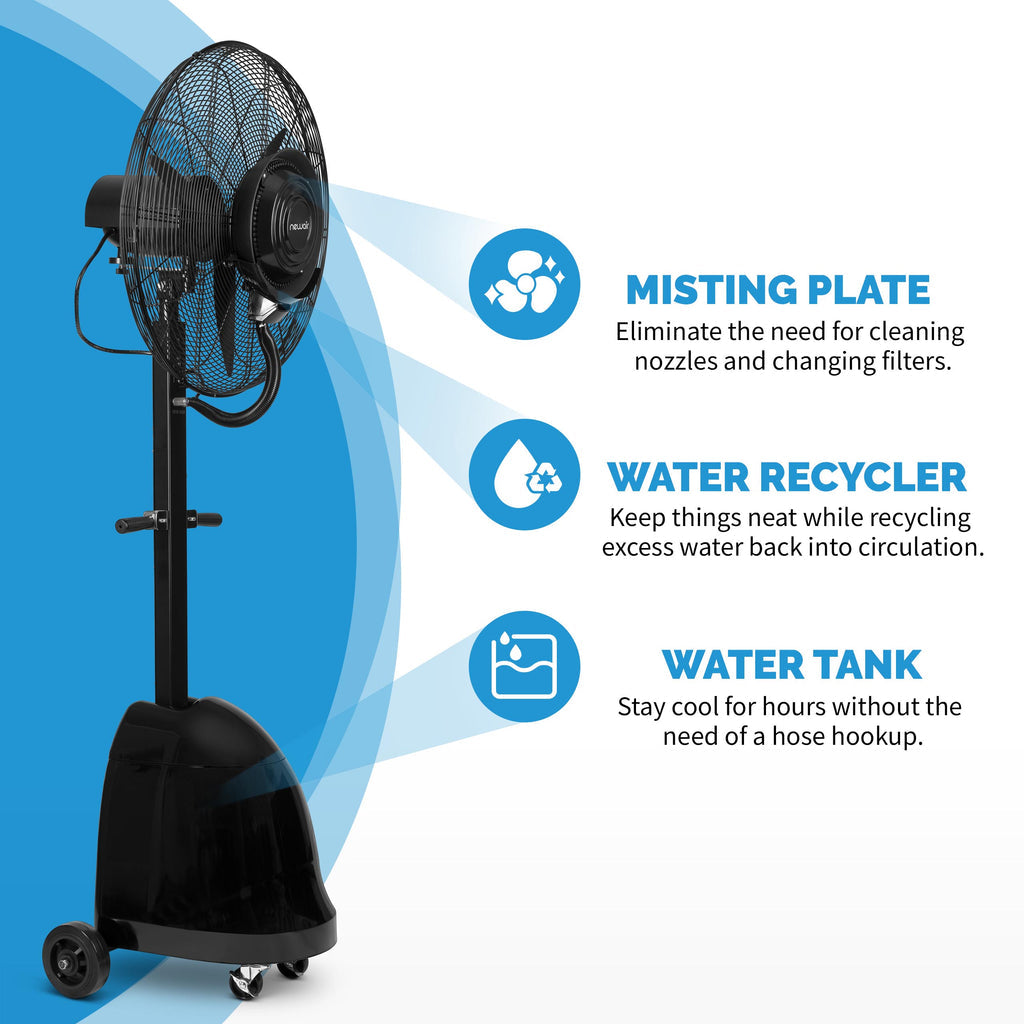 Newair 26” Pedestal Misting Fan with 8700 CFM of Power, Adjustable Mist Settings, Water Tank and 3 Fan Speeds, Perfect for the Patio, Back Yard, or Outdoor Dining Space