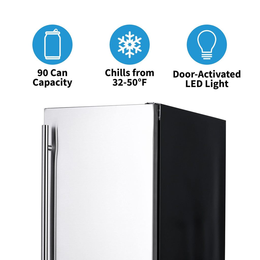 Newair 15” Built-in 90 Can Outdoor Beverage Fridge in Weatherproof Stainless Steel with Auto-Closing Door and Easy Glide Casters