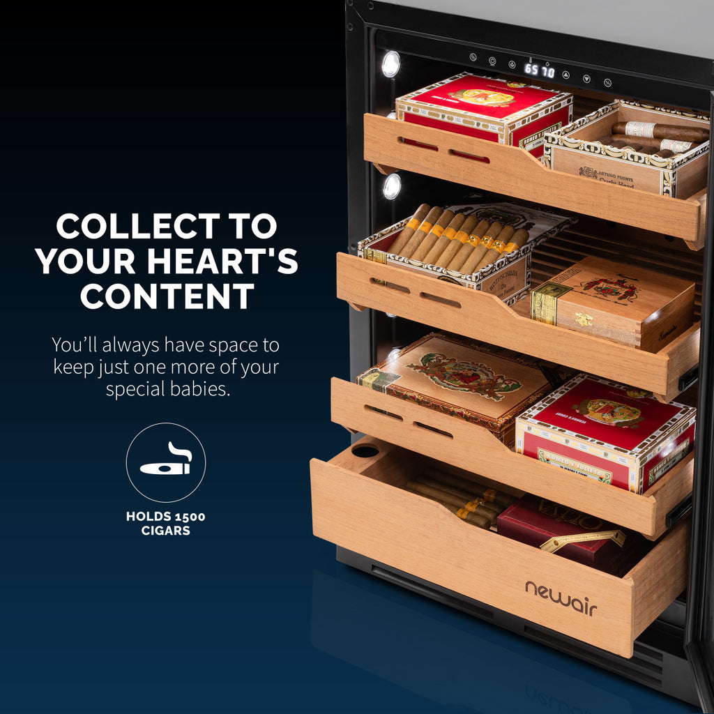 Newair 1,500 Count Electric Cigar Humidor, Built-in Humidification System with Opti-Temp™ Heating and Cooling Function, Built-In or Freestanding Design, Precision Temperature, LED Lighting, and Peek-In™ Spanish Cedar Drawers